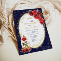 Navy Gold Quinceañera Enchanted Red Roses Party