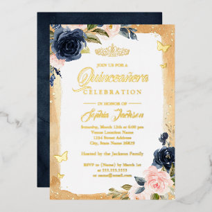 Navy Gold Quinceanera Floral Sparkle Tiara 