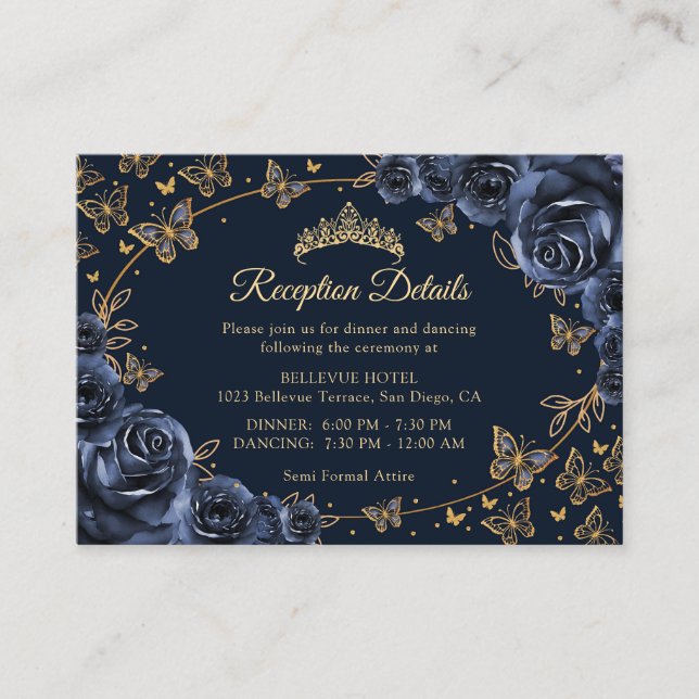 Navy Gold Quinceanera Reception Details Enclosure Card (Front)