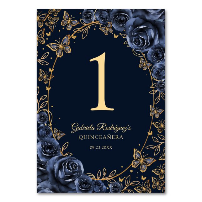 Navy Gold Quinceanera Table Number (Front)