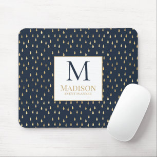 Navy Gold Raindrop Modern Trendy Monogram Mouse Mat