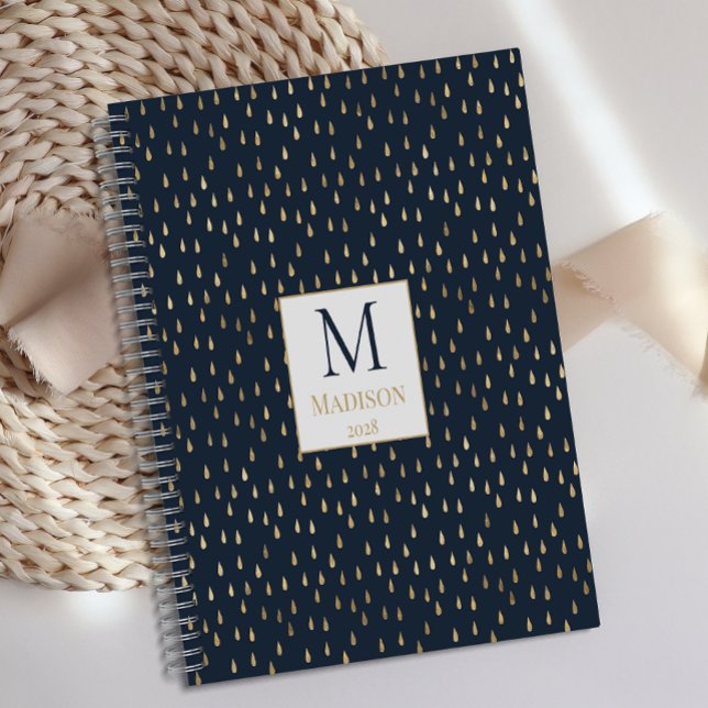 Navy Gold Raindrop Modern Trendy Monogram Planner (Creator Uploaded)