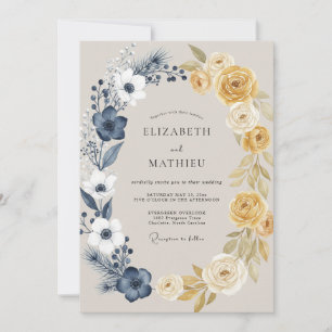 Navy Gold Ranunculus Eucalyptus Wedding Invitation