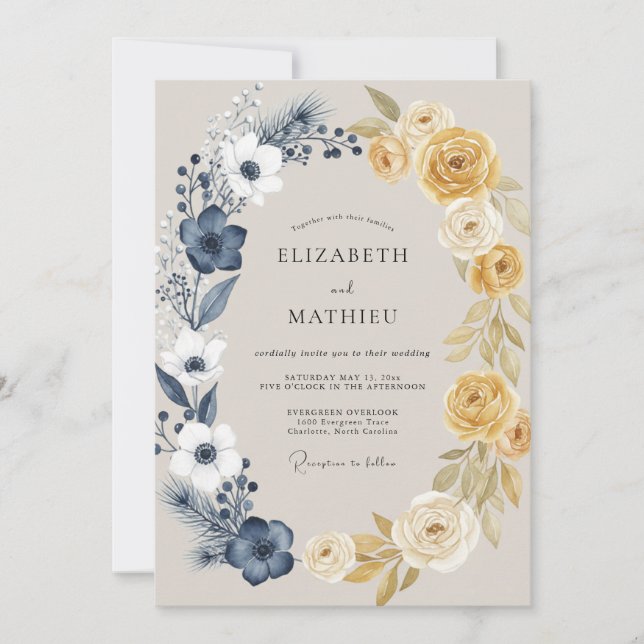 Navy Gold Ranunculus Eucalyptus Wedding Invitation (Front)
