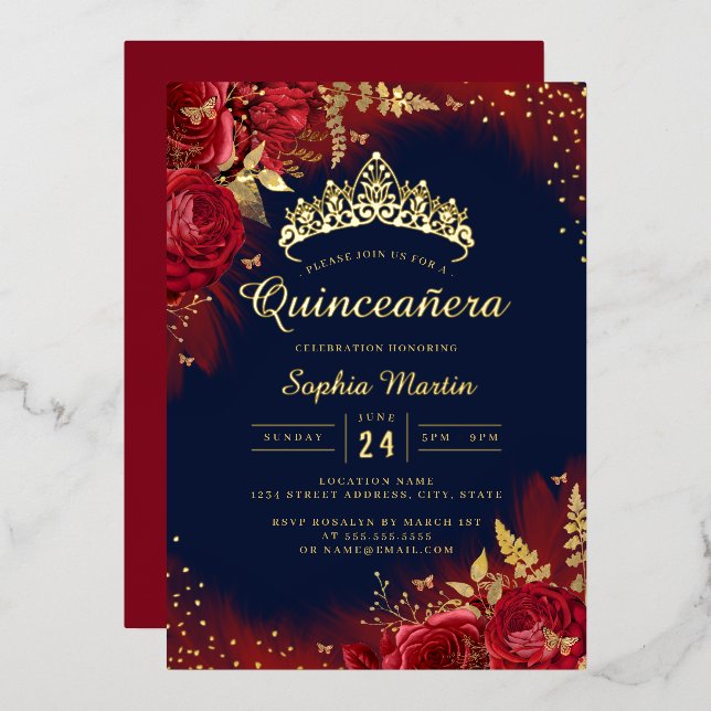 Navy Gold Red Butterfly Floral Quinceanera  (Front/Back)
