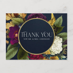 NAVY GOLD RETRO BURGUNDY FLORAL WEDDING THANK YOU POSTCARD
