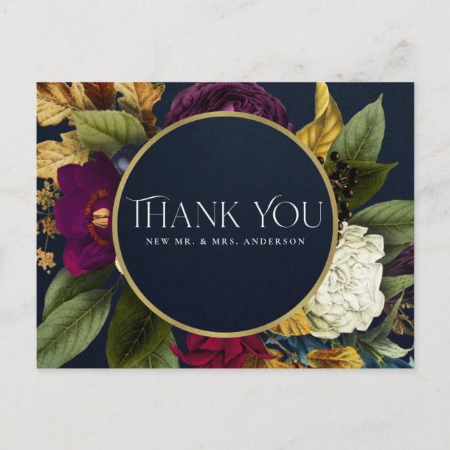 NAVY GOLD RETRO BURGUNDY FLORAL WEDDING THANK YOU POSTCARD (Front)