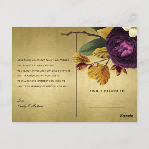 NAVY GOLD RETRO BURGUNDY FLORAL WEDDING THANK YOU POSTCARD