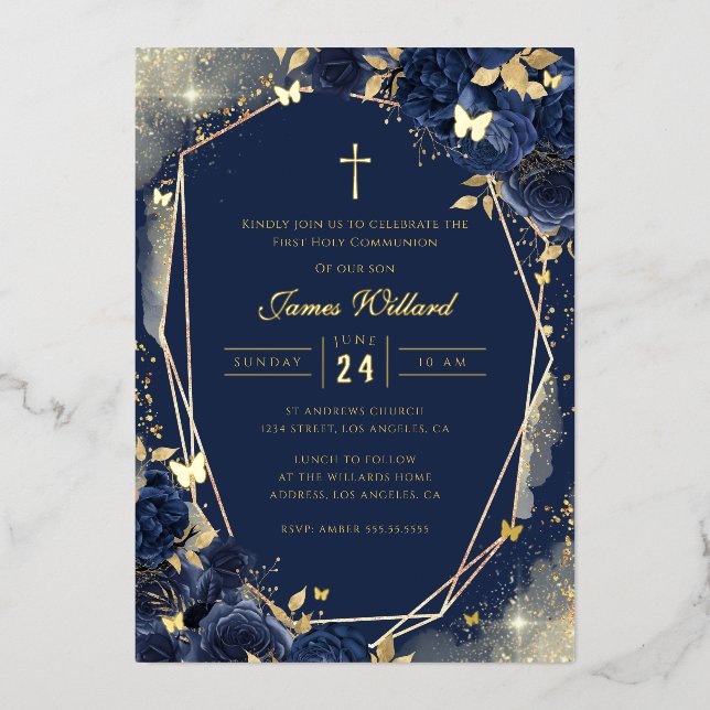 Navy Gold Rose Boys First Communion Foil (Front)