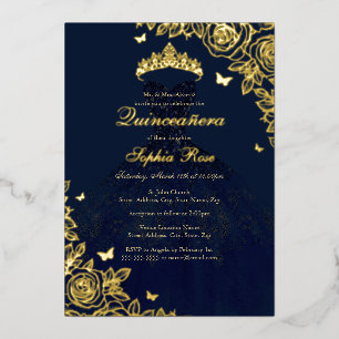 Navy Gold Rose Dress Quinceanera