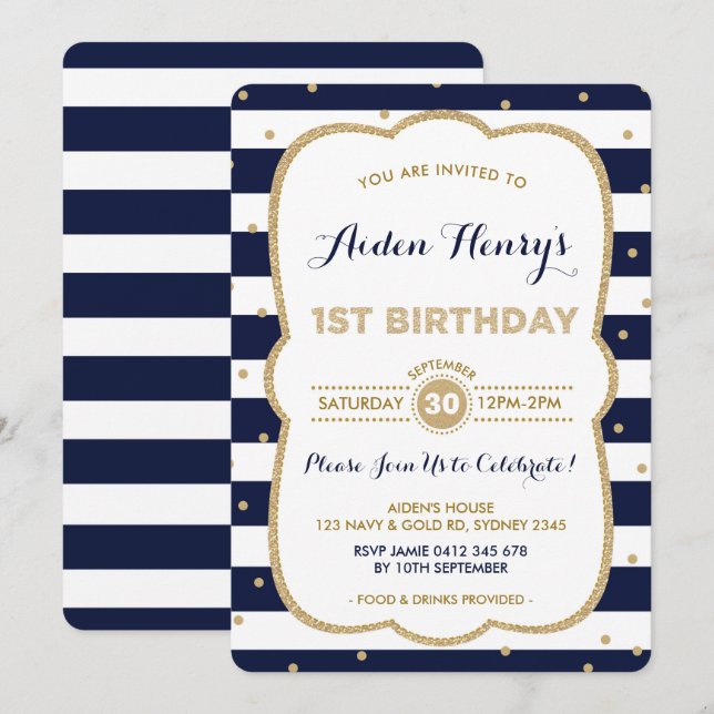 Navy & Gold Royal Prince 1st Birthday Invitation (Front/Back)