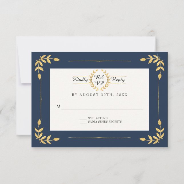 Navy Gold RSVP Modern Laurel Leaf Wreath Foliage (Front)