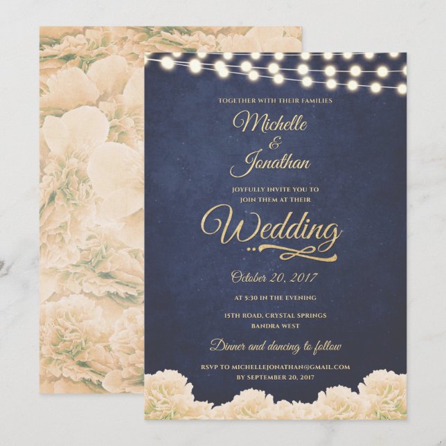 Navy Gold Rustic Chic Floral String Lights Wedding Invitation (Front/Back)