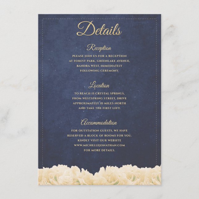 Navy Gold Rustic Chic Peony Floral Details Enclosure Card (Front)