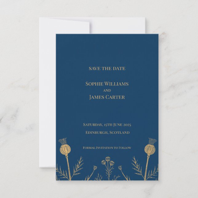 Navy Gold Scottish Thistle Wedding Save The Date C (Front)