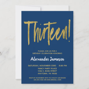 Navy Gold Script 13th Birthday Party Invitation