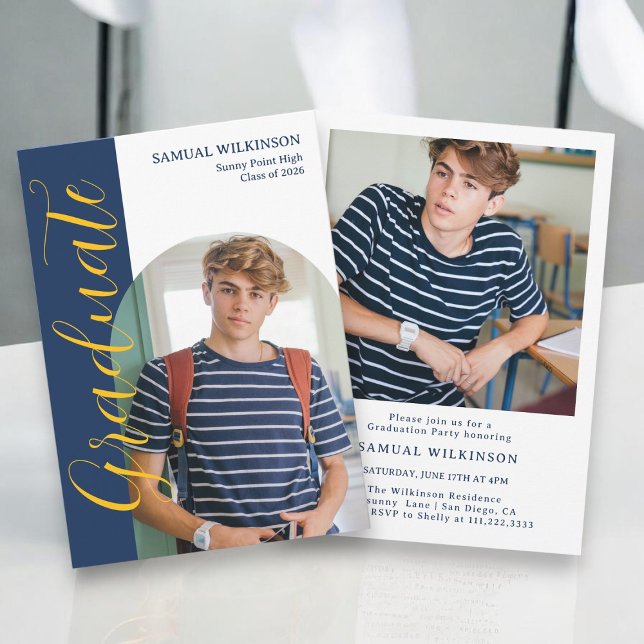 Navy Gold Script Graduate Photo Announcement Card (Creator Uploaded)