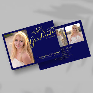 Navy Gold Script Multi Photo Graduation Party Invi Invitation