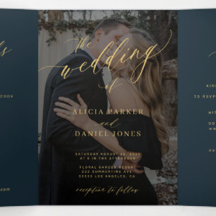 Navy gold script QR code RSVP photo wedding Tri-Fold Invitation