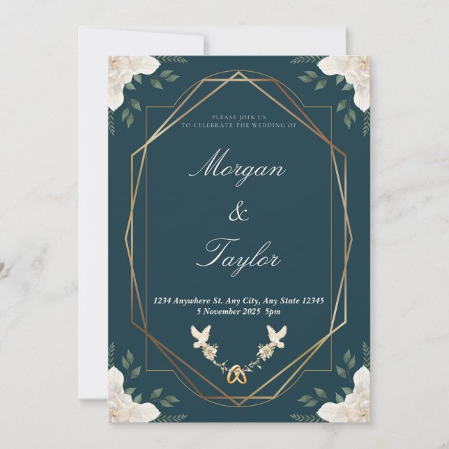 Navy, Gold, Scripture, Bouquet, Save The Date Invitation (Front)