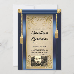 Navy gold scroll with photo men's graduation party invitation
