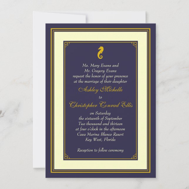 Navy Gold Seahorse Nautical Wedding Invitation (Front)