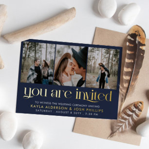 Navy Gold Serif 3 Photos You Are Invited Wedding Foil Invitation Postcard