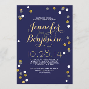 Navy Gold & Silver Confetti Rehearsal Dinner Invitation