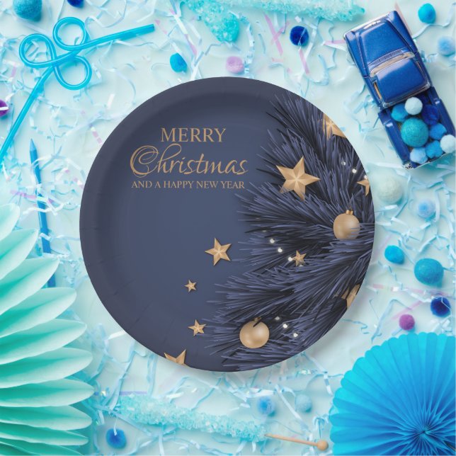Navy Gold Simple Christmas Day 9"Round Paper Plate (Party)