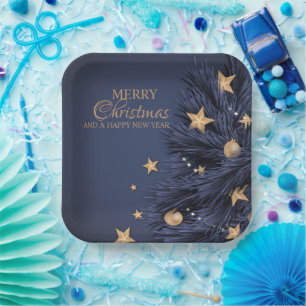 Navy Gold Simple Christmas Day 9" Square Paper Plate