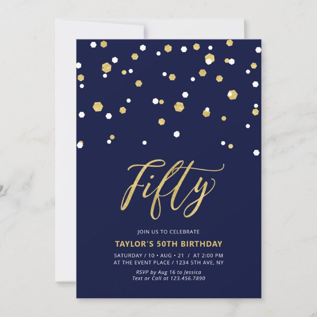 Navy & Gold Simple Fifty 50th Birthday Party Invitation (Front)