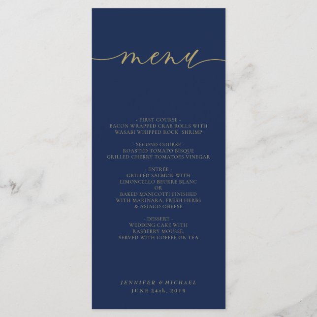 Navy Gold Simple Modern Wedding Ceremony Dinner Menu (Front)