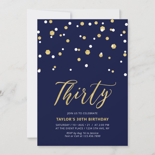 Navy & Gold Simple Thirty 30th Birthday Party Invitation (Front)