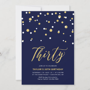Navy & Gold Simple Thirty 30th Birthday Party Invitation