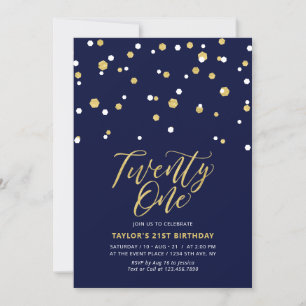 Navy & Gold Simple Twenty One 21st Birthday Party Invitation