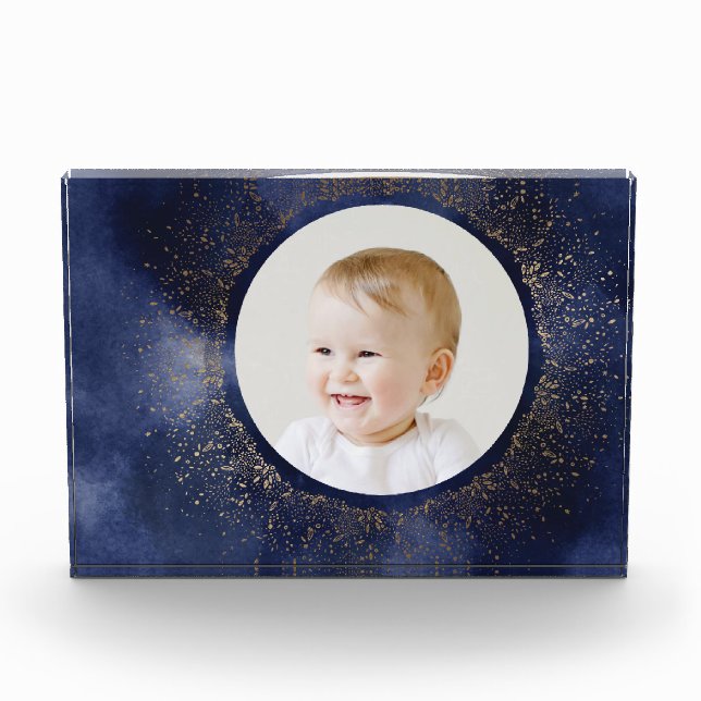 Navy Gold Snowflake Christmas Holiday Photo Block (Front)