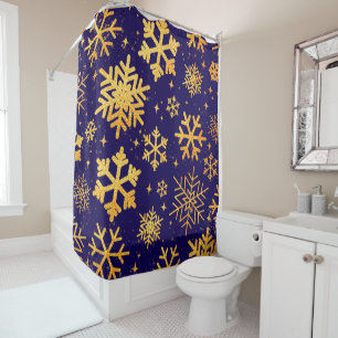 Navy Gold Snowflake Elegance – Winter Glam Shower Curtain