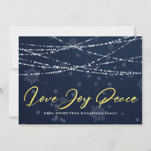 NAVY GOLD SNOWFLAKE LIGHT STRINGS LOVE JOY PEACE HOLIDAY CARD