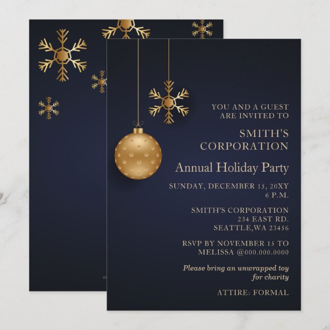 Navy Gold Snowflakes Corporate Holiday Party  Invitation (Front/Back)