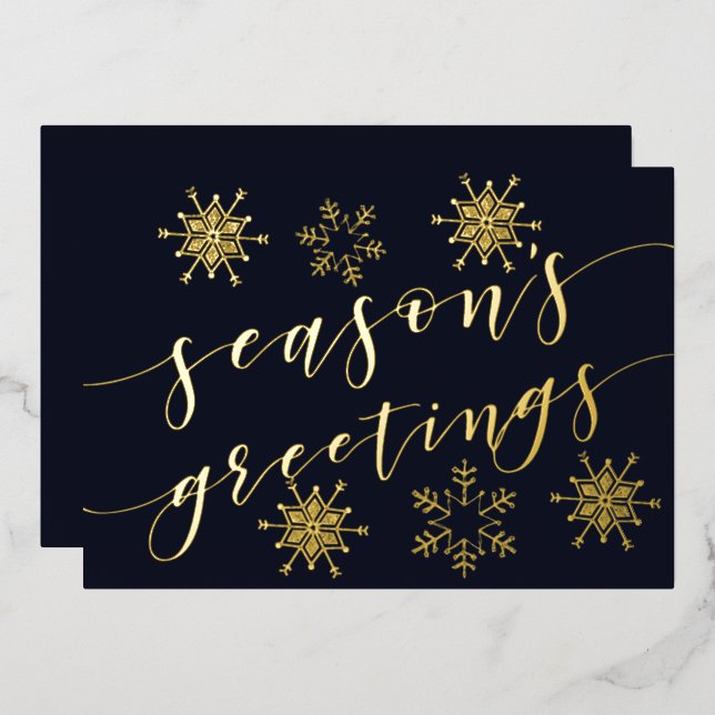 Navy Gold Snowflakes Seasons Greetings Foil Holiday Card (Front/Back)