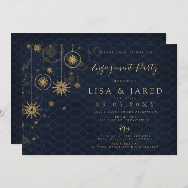 Navy Gold Snowflakes Winter Engagement Party  Invitation (Front/Back)