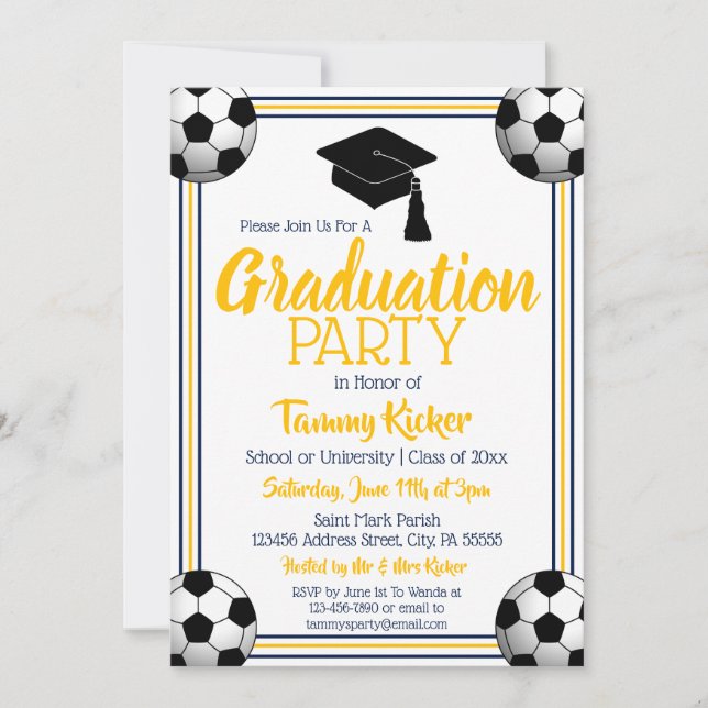 Navy & Gold Soccer Graduation Party Invitation (Front)