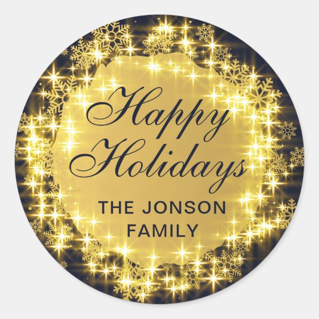 Navy & Gold Sparkle Snowflakes Christmas Ball Classic Round Sticker (Front)