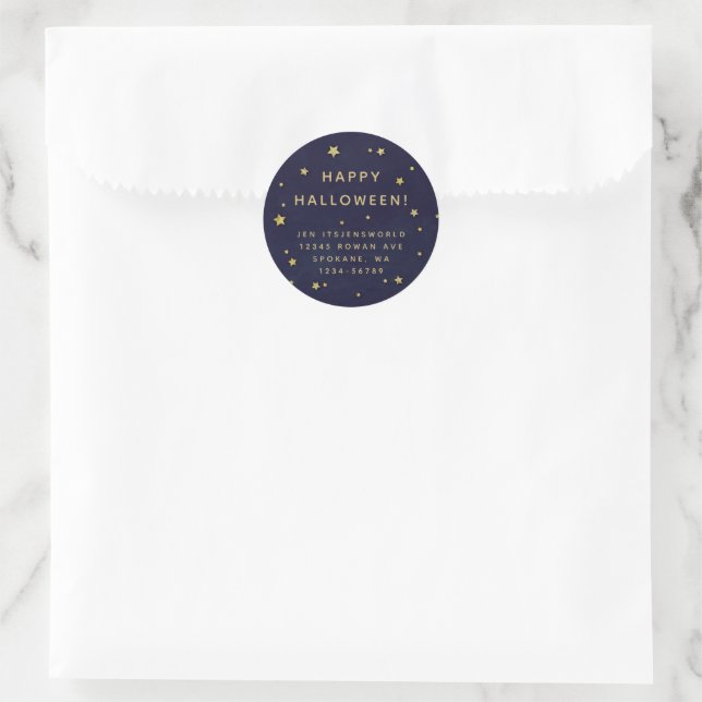 Navy + Gold Stars Custom Text/Address Classic Round Sticker (Bag)