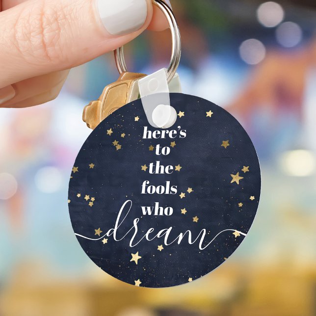 Navy Gold Stars Fools Who Dream Quote Typography Key Ring (Creator Uploaded)