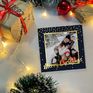 Navy Gold Stars Merry Christmas Square Photo Card