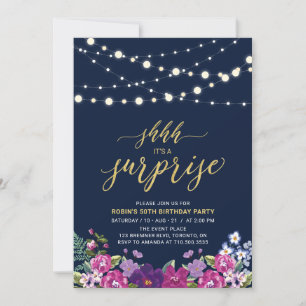 Navy & Gold String Lights Surprise Birthday Party Invitation