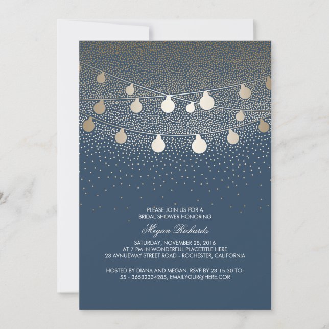 Navy Gold String Lights Vintage Bridal Shower Invitation (Front)
