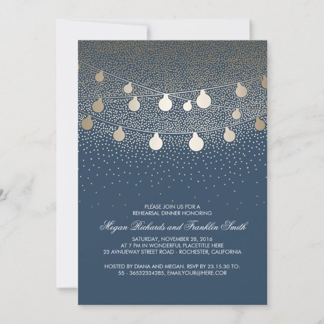 Navy Gold String Lights Vintage Rehearsal Dinner Invitation (Front)