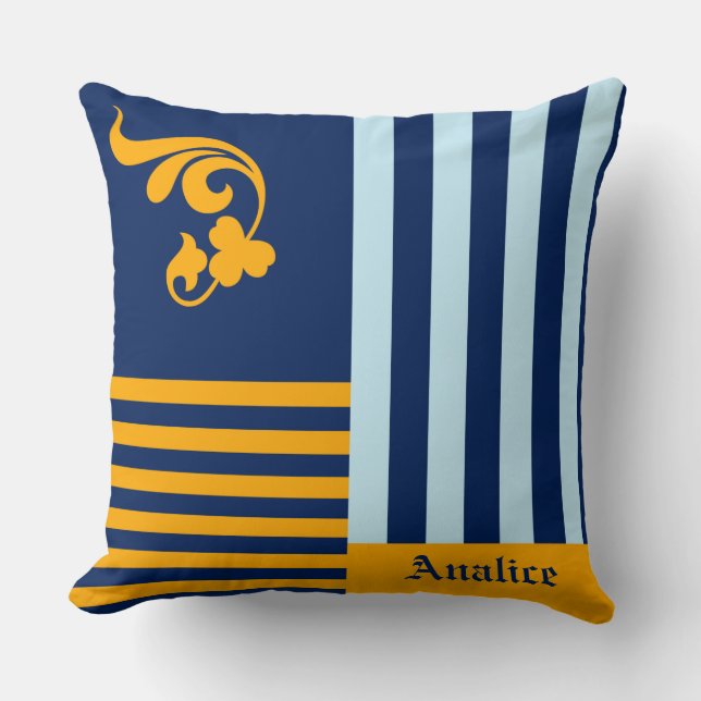 Navy Gold Stripe Name Decor Cushion (Front)